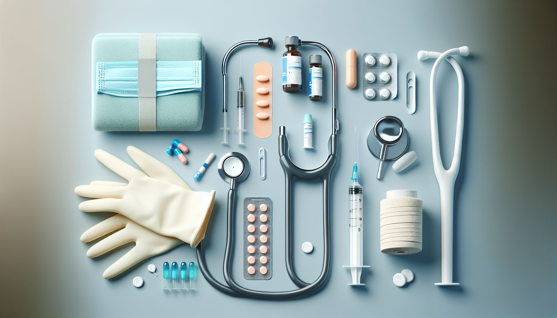 Image of various medical supplies including bandages, syringes, and gloves